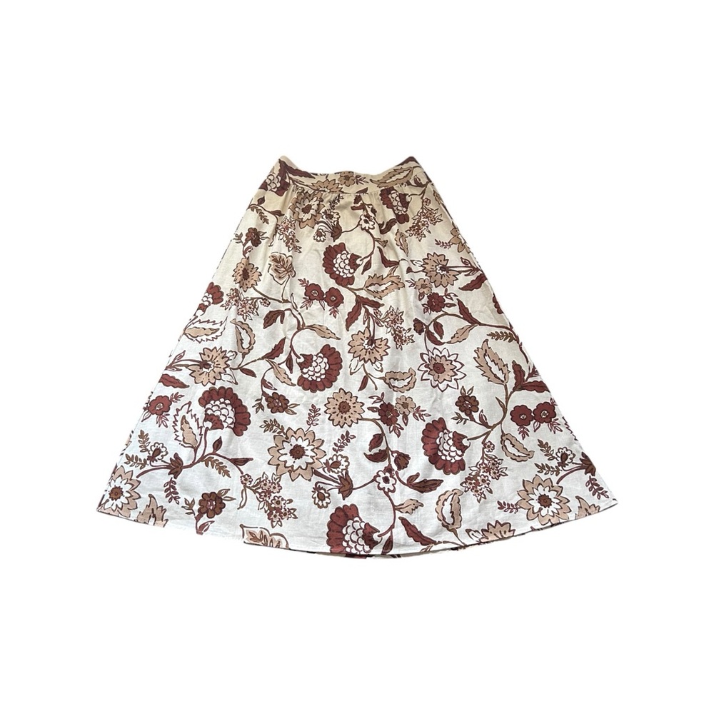 Sezane Siloé Skirt in Adelia Print Cream Brown Retro Floral Linen Cotton M NWT